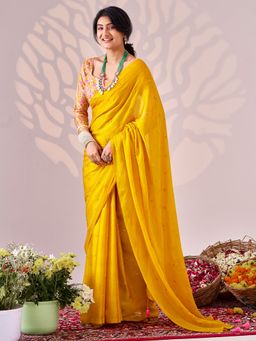 Sareemall - Women's Chiffon Yellow Embellished Saree with Unstitched Blouse