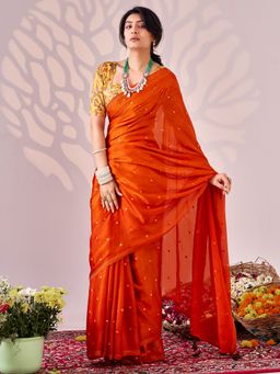 Sareemall - Women's Chiffon Rust Embellished Saree with Unstitched Blouse
