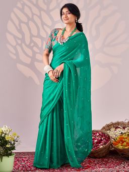 Sareemall - Women's Chiffon Green Embellished Saree with Unstitched Blouse