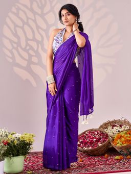 Sareemall - Women's Chiffon Purple Embellished Saree with Unstitched Blouse