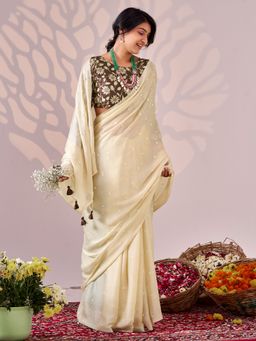 Sareemall - Women's Chiffon Cream Embellished Saree with Unstitched Blouse