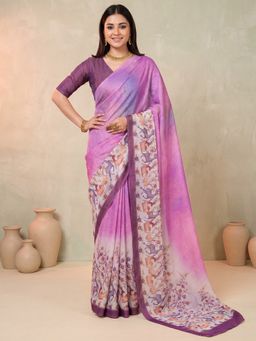 Akhilam - Women's Satin Purple Printed Saree with Unstitched Blouse