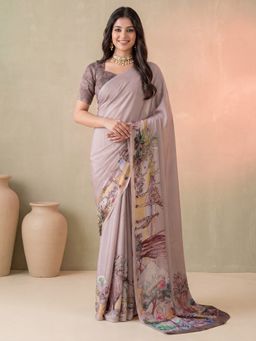 Akhilam - Women's Satin Beige Printed Saree with Unstitched Blouse