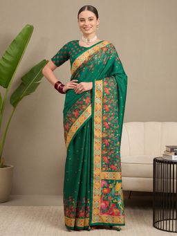 Akhilam - Women's Dark Green Digital Print Saree with Unstitched Blouse