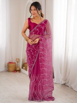 Akhilam - Women's Net Magenta Embellished Saree with Unstitched Blouse