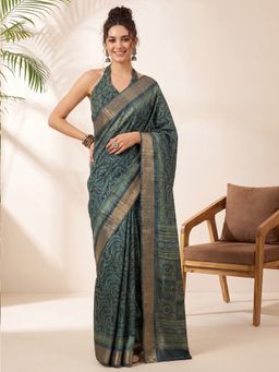 Akhilam - Women's Green Printed Saree with Unstitched Blouse