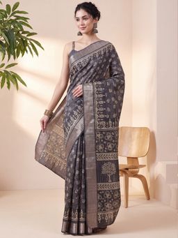 Akhilam - Women's Black Printed Saree with Unstitched Blouse