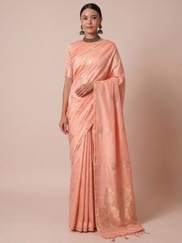 Akhilam - Women's Pure Silk Peach Woven Design Woven Saree with Unstitched Blouse
