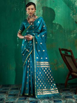 Sareemall - Women's Teal Woven Design Handloom Saree with Unstitched Blouse