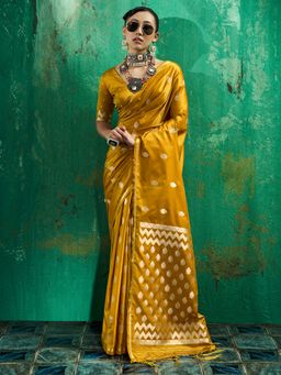Sareemall - Women's Yellow Woven Design Handloom Saree with Unstitched Blouse