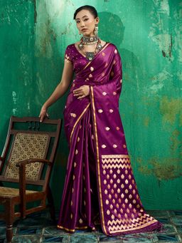 Sareemall - Women's Wine Woven Design Handloom Saree with Unstitched Blouse