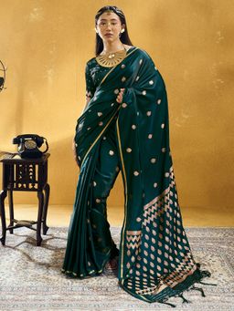 Sareemall - Women's Green Woven Design Saree with Unstitched Blouse