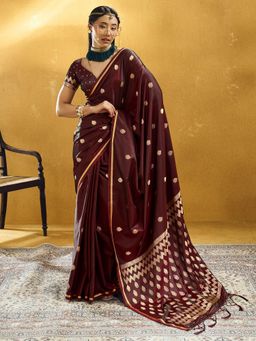Sareemall - Women's Maroon Woven Design Handloom Saree with Unstitched Blouse