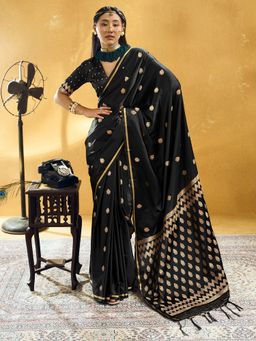 Sareemall - Women's Black Woven Design Handloom Saree with Unstitched Blouse