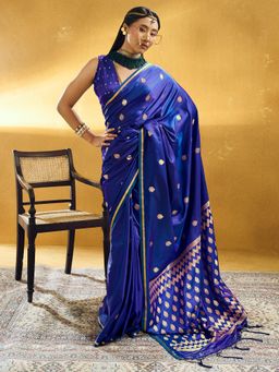 Sareemall - Women's Blue Woven Design Handloom Saree with Unstitched Blouse