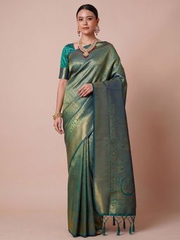 Akhilam - Women's Teal Woven Design Celebrity Saree with Unstitched Blouse
