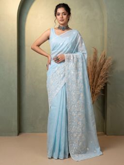 Sareemall - Women's Kota Doria Blue Embroidered Saree with Unstitched Blouse