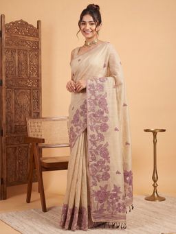 Sareemall - Women's Cream Printed Design Saree with Unstitched Blouse