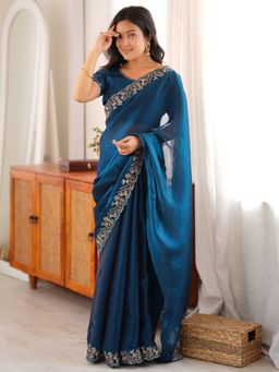 Akhilam - Women's Satin Blue Embroidered Saree with Unstitched Blouse