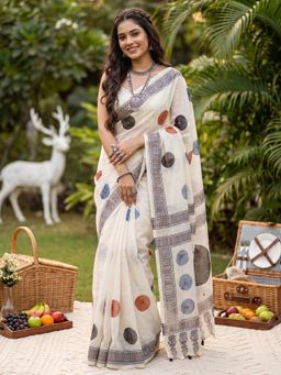 Sareemall - Women's Linen Off White Printed Saree with Unstitched Blouse