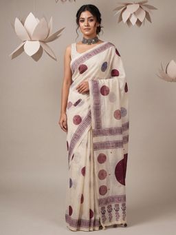 Sareemall - Women's Linen Off White Printed Saree with Unstitched Blouse