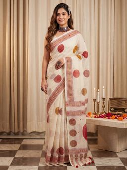 Sareemall - Women's Linen Off White Printed Saree with Unstitched Blouse