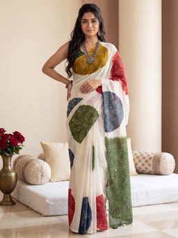 Sareemall - Women's Linen White Printed Saree with Unstitched Blouse