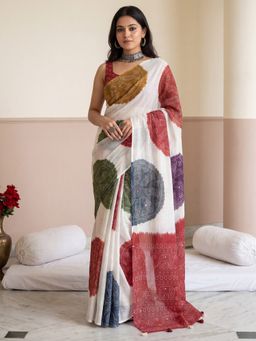 Sareemall - Women's Linen White Printed Saree with Unstitched Blouse