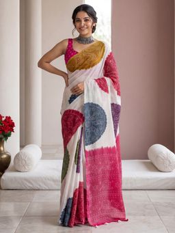 Sareemall - Women's Linen White Printed Saree with Unstitched Blouse
