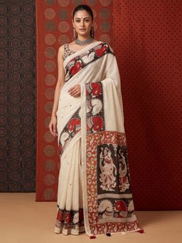 Sareemall - Women's Linen Off White Printed Saree with Unstitched Blouse