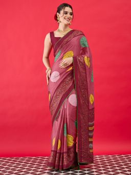 Sareemall - Women's Georgette Pink Printed Saree with Unstitched Blouse