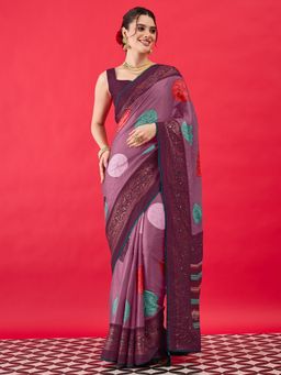 Sareemall - Women's Georgette Purple Printed Saree with Unstitched Blouse