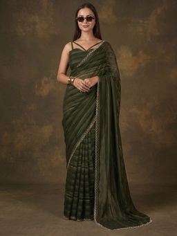 Akhilam - Women's Georgette Dark Green Embellished Saree with Unstitched Blouse