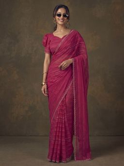 Akhilam - Women's Georgette Pink Embellished Saree with Unstitched Blouse
