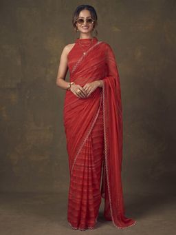 Akhilam - Women's Georgette Red Embellished Saree with Unstitched Blouse