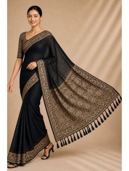 Mysilklove - Ebony Black Woven Chiffon Saree with Unstitched Blouse