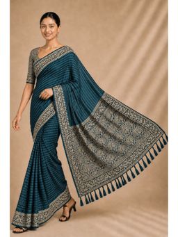 Mysilklove - Ocean Blue Woven Chiffon Saree with Unstitched Blouse