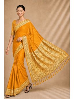 Mysilklove - Marigold Yellow Woven Chiffon Saree with Unstitched Blouse