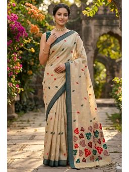 Mysilklove - Champagne Cream Woven Linen Saree with Unstitched Blouse