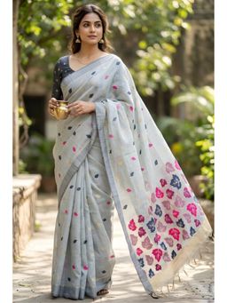Mysilklove - Frost Grey Woven Linen Saree with Unstitched Blouse