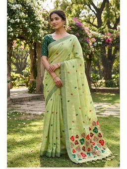 Mysilklove - Pistachio Green Woven Linen Saree with Unstitched Blouse