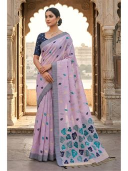Mysilklove - Lilac Bloom Purple Woven Linen Saree with Unstitched Blouse