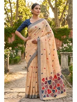 Mysilklove - Mandarin Beige Woven Linen Saree with Unstitched Blouse