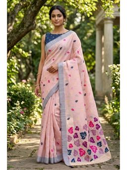 Mysilklove - Candy Pink Woven Linen Saree with Unstitched Blouse