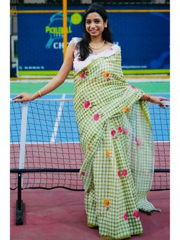 Mysilklove - Apple Green Soft Linen Cotton Printed Saree with Unstitched Blouse