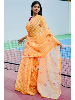 Mysilklove - Jonquil Yellow Soft Linen Cotton Printed Saree with Unstitched Blouse