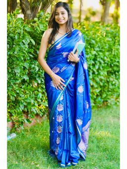 Mysilklove - Royal Blue Handloom Satin Silk Saree with Unstitched Blouse