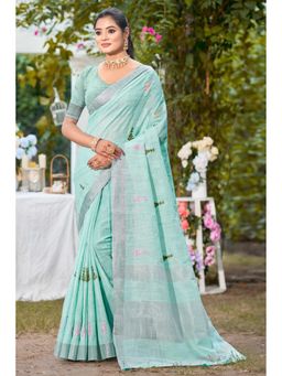 Mysilklove - Turquoise Woven Cotton Linen Saree with Unstitched Blouse