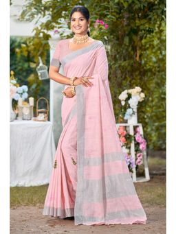 Mysilklove - Dusty Pink Woven Cotton Linen Saree with Unstitched Blouse