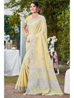 Mysilklove - Lemon Yellow Woven Cotton Linen Saree with Unstitched Blouse